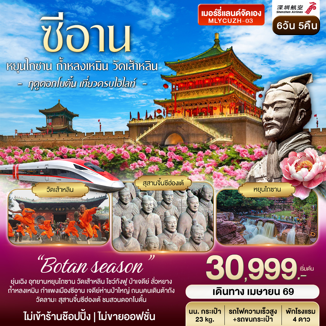 ซีอาน หยุนไถซาน ถ้ำหลงเหมิน วัดเส้าหลิน ฤดูดอกโบตั๋น 6วัน 5คืน